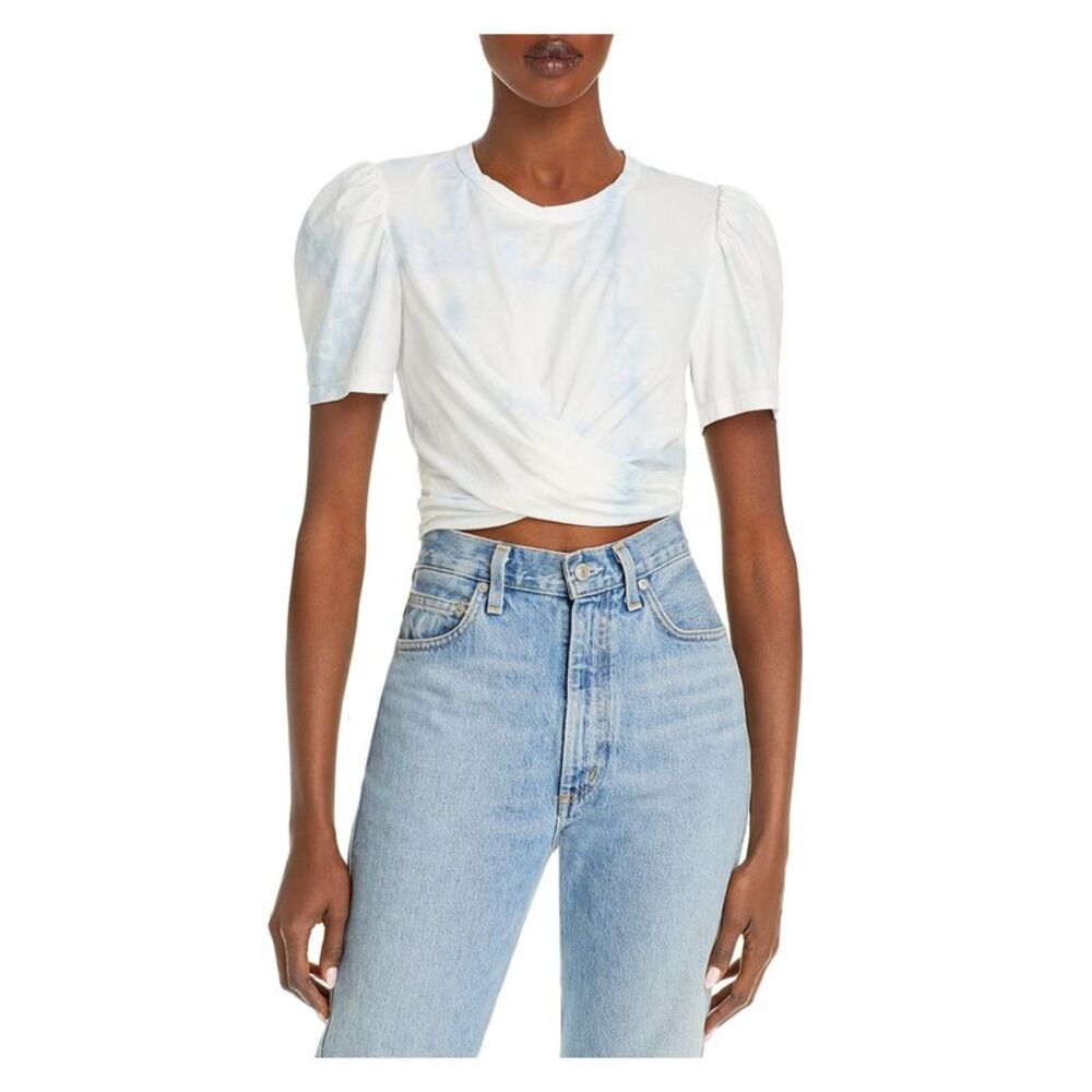 A.L.C. Womens Crop Top Pleated Ruched Pouf Sleeve Crew Neck Twist Front